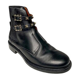 Valentino Black Leather Ankle Boots with Gold Pyramid Stud Buckle Straps